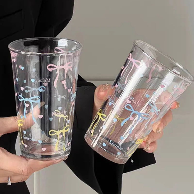 Bow Glass Cute Water Cup Cartoon Bow Glass Cup Striped Cute Doodle Coffee Mug Household Fruit Tea Lemonade Girls Gift