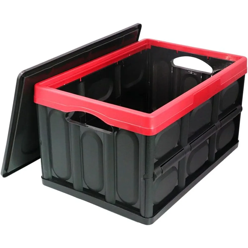 30 liter collapsible storage bin with lid, durable plastic folding storage crate, stackable storage box organizer container for