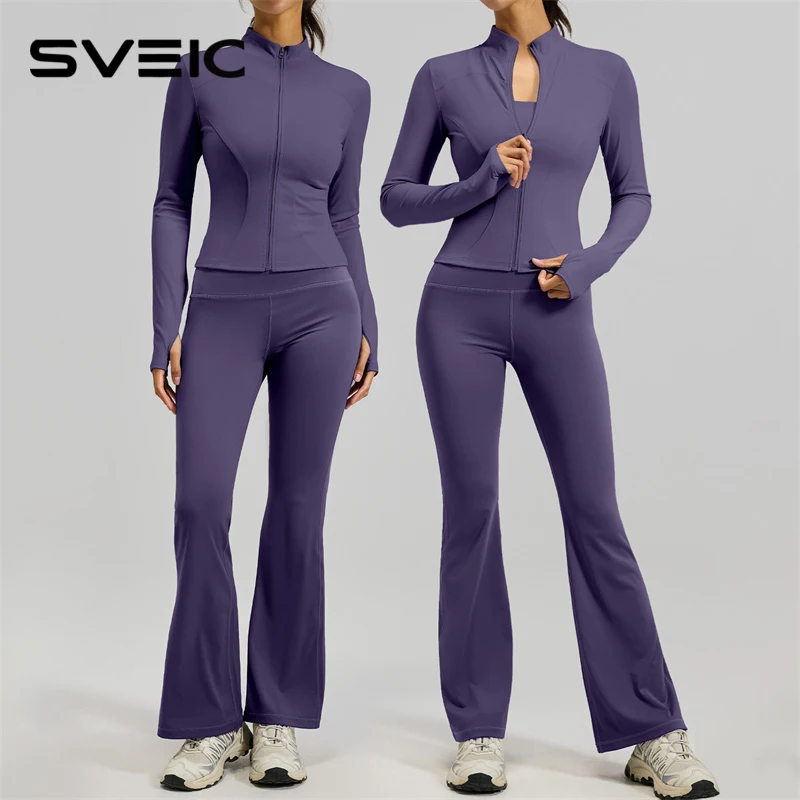 SVEIC 2 Piece Gym Set Long Sleeve Jacket Fitness Top High Waist Flare Leggings Breathable Workout Women's Tracksuit Yoga Clothes
