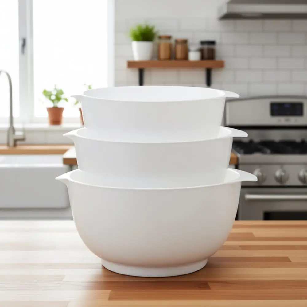 

Набор из 3 меламиновых мисок для смешивания, 2,5-4,5 кварты, с нескользящим основанием, удобным носиком для слива, белая кухонная утварь