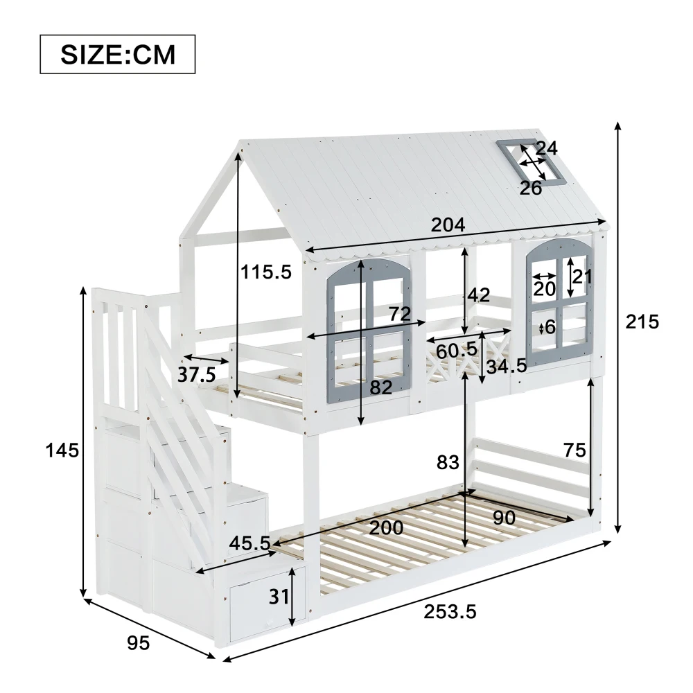 PINGGO Weißgraues Etagenbett 90x200cm mit Dachfenster, Leiter, Fallschirmgitter und 3 Staufächern aus Kiefern-MDF, ohne Matratze – Detail 7