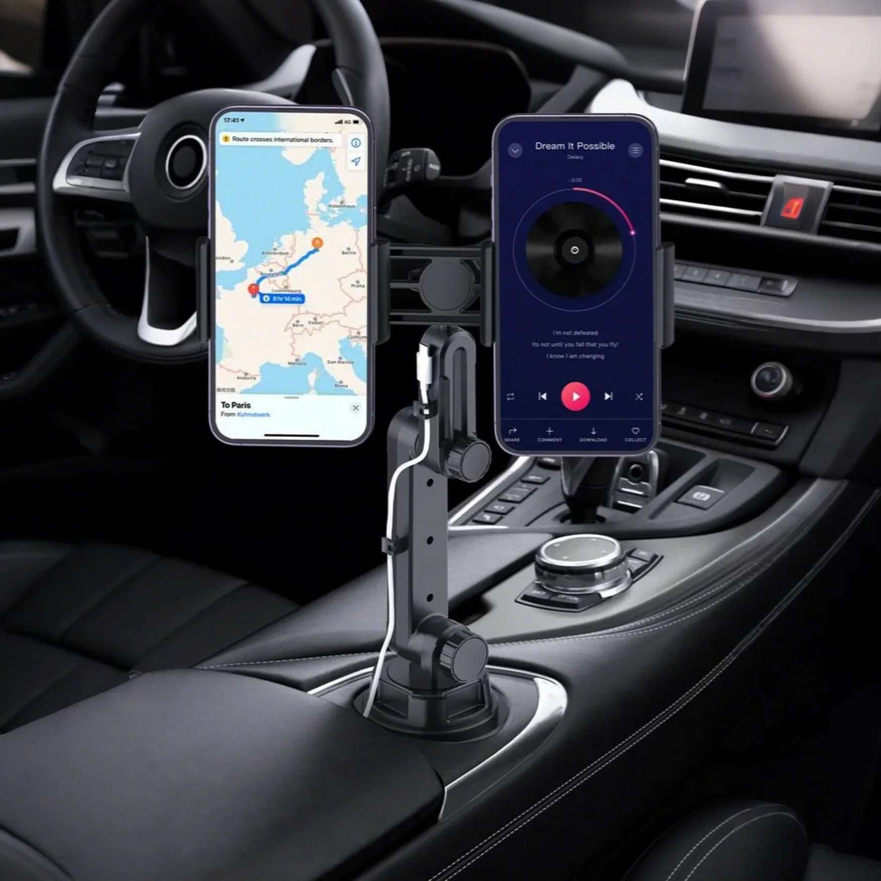 Dual Phone Car Cup Holder Mount 360° Adjustable Fits 4.5-7
