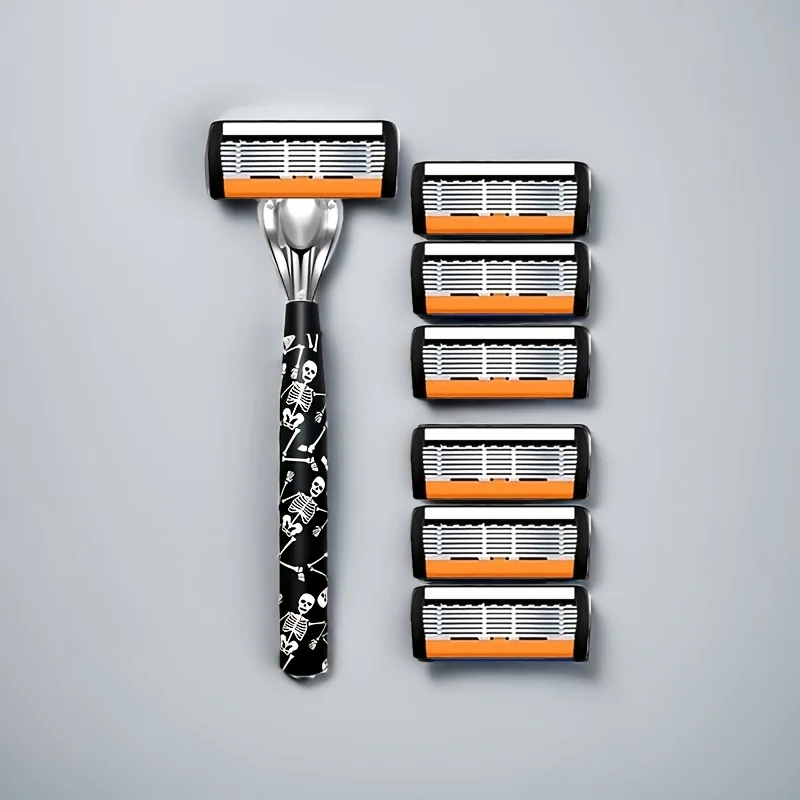 6-Layer Stainless Steel Manual Men's Razor - Washable Metal Beard Razor with Hand Guard & Metal Holder