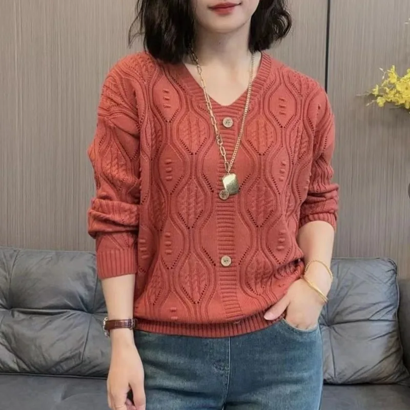 Women\'s Spring Autumn New Commute Fashion V-neck Hollowed Out Solid Color Versatile Long Sleeve Loose Pullover Knitted Tops