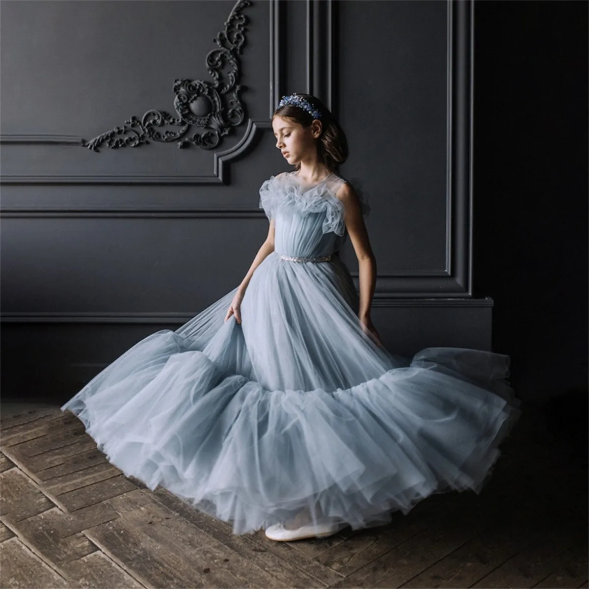 

Layered Flower Girl Dress For Wedding Tulle Puffy Beading Sleeveless Elegant Princess Birthday Party First Communion Ball Gowns