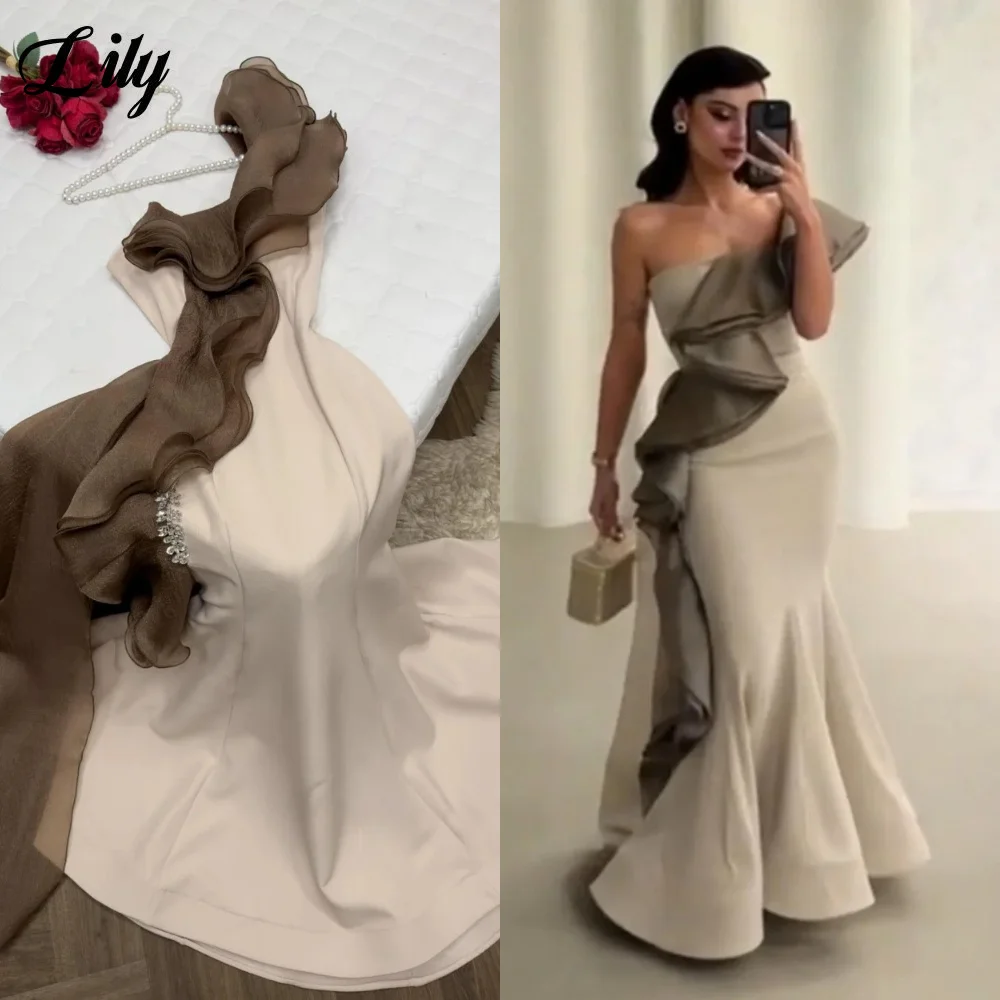 

Lily Beige - Gray Evening Dress One - Shoulder Mermaid Dresses For Special Events Floor - Length And 3D Ruffle Design Customized