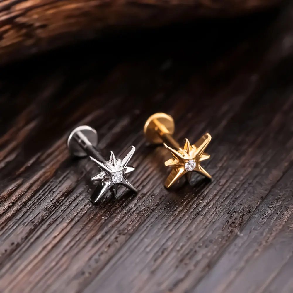 G23 ASTM F136 Titanium External Thread North Star Lip Nails Stud Earring Labret Ring Cartilage Helix Piercing Jewelry
