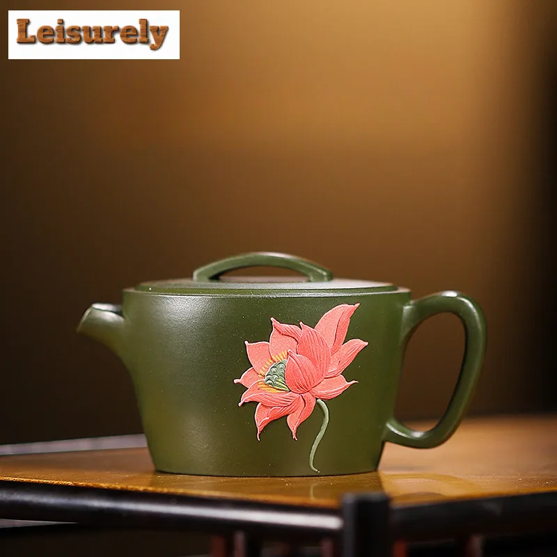 

90ml Yixing Purple Clay Teapot Master Handmade Colored Drawing Lotus Large Caliber Pot Raw Ore Green Mud Kettle Zisha Tea Set