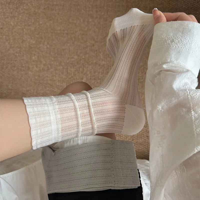 INS Korean Summer Thin Breathable Stacked Socks Mesh Hollow Out Mid-Calf Socks for Girl Loose Slouch Absorbent Casual Socks
