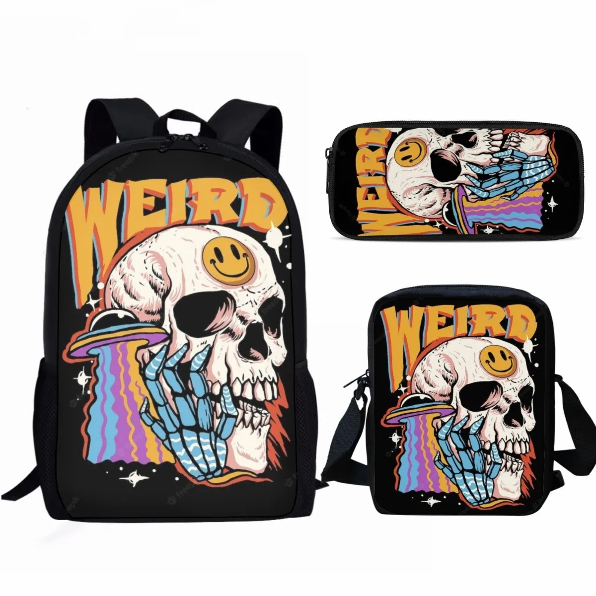 3Pcs/Set Cool Skull Pattern Print School Bag Set Boys Girls Casual Travel Backpack Student Book Bag with Lunch Bag Pencil Bag J