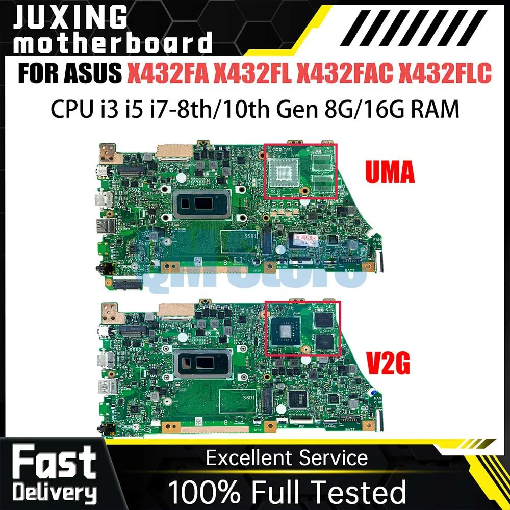 Notebook Mainboard For ASUS VivoBook X432FL X432FA X432FAC X432FLC Laptop Motherboard i3 i5 i7 8th 10th CPU 8GB 16GB RAM V2G UMA