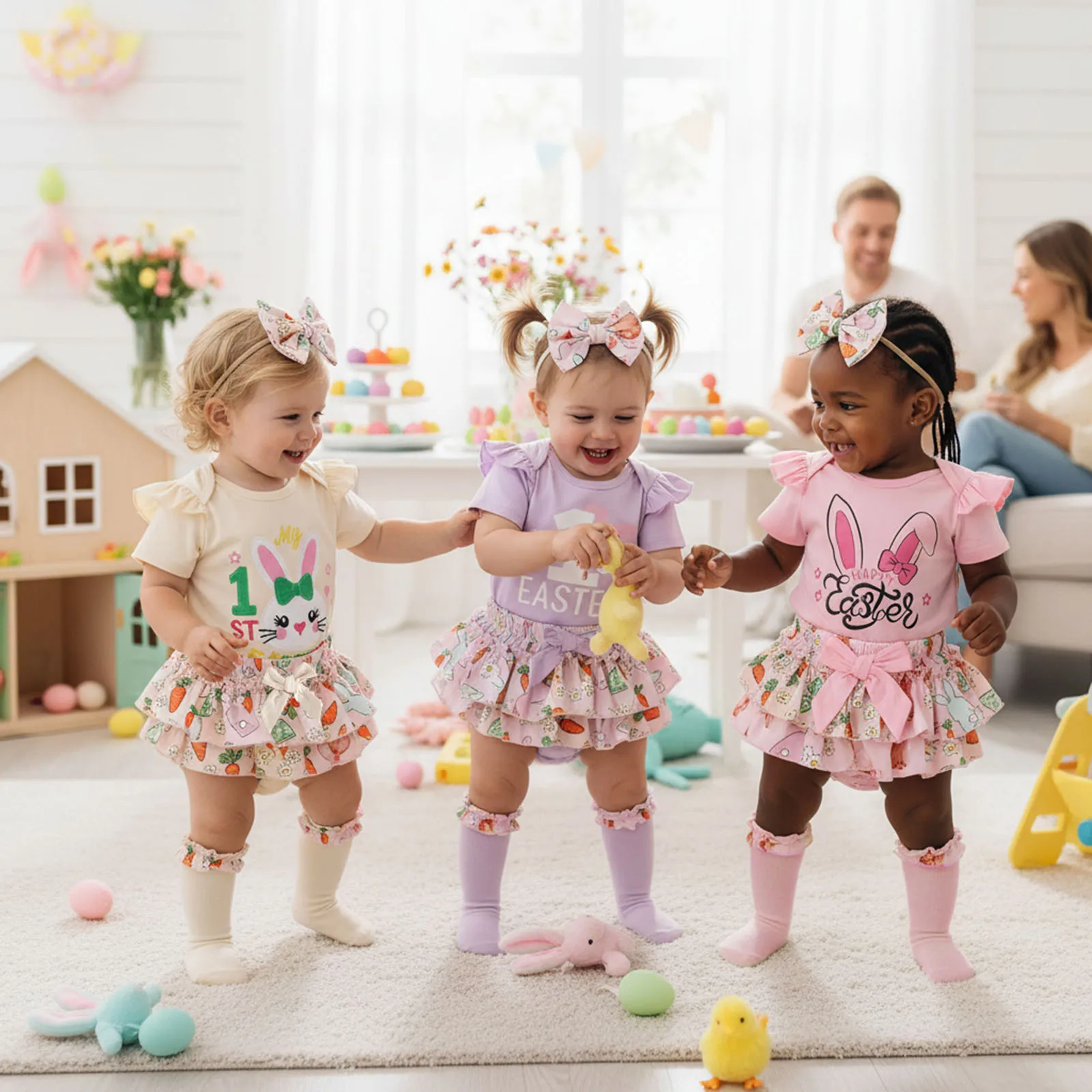 Baby Girls My First Easter Day Shorts Outfits Flying Sleeve Romper Tiered PP Shorts Headband Leg Warmers Sets Easter Costume