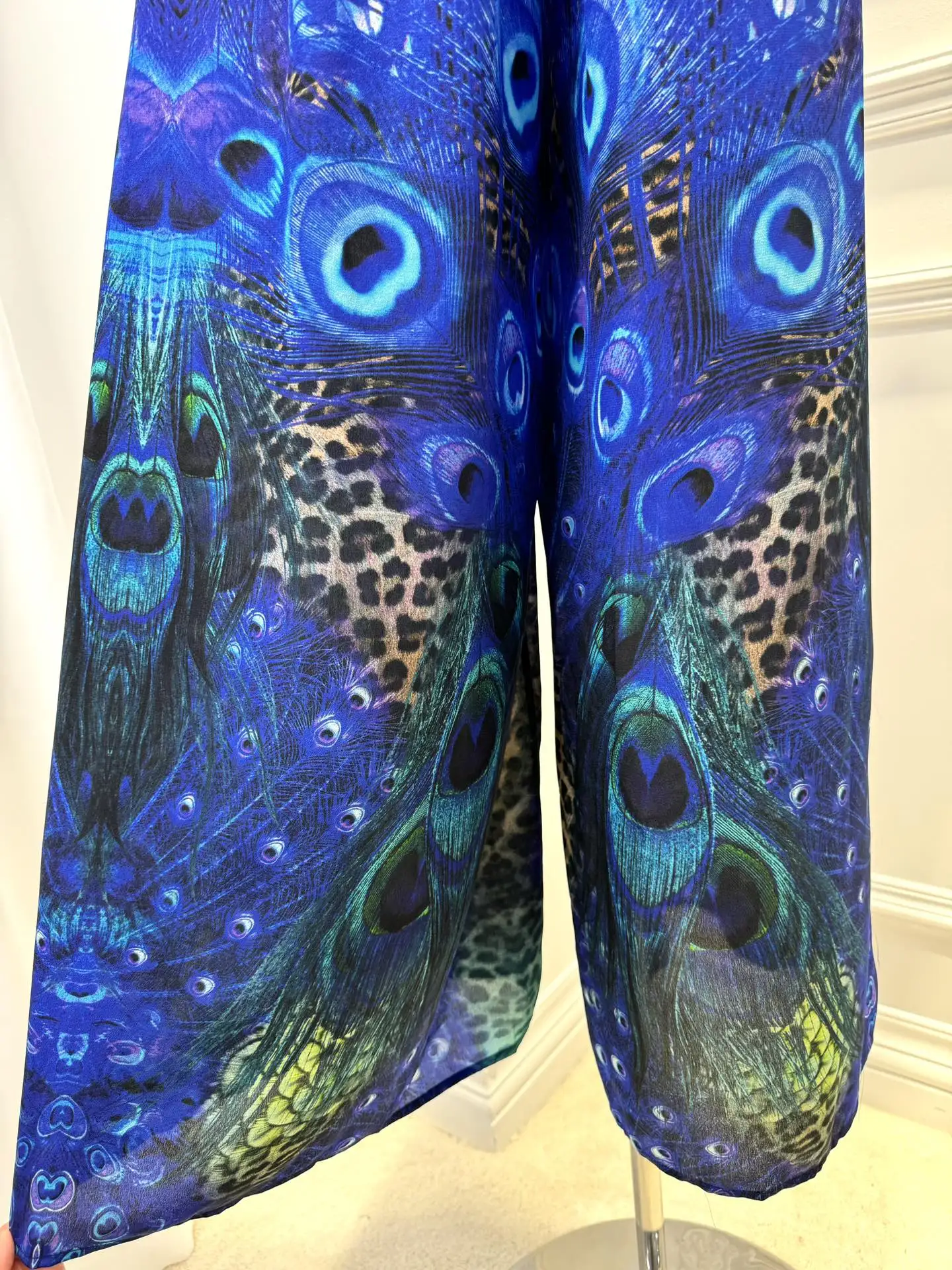 Women's Peacock and Leopard Printed Crystal Beaded Halter V-Neck Sleeveless Jumpsuits