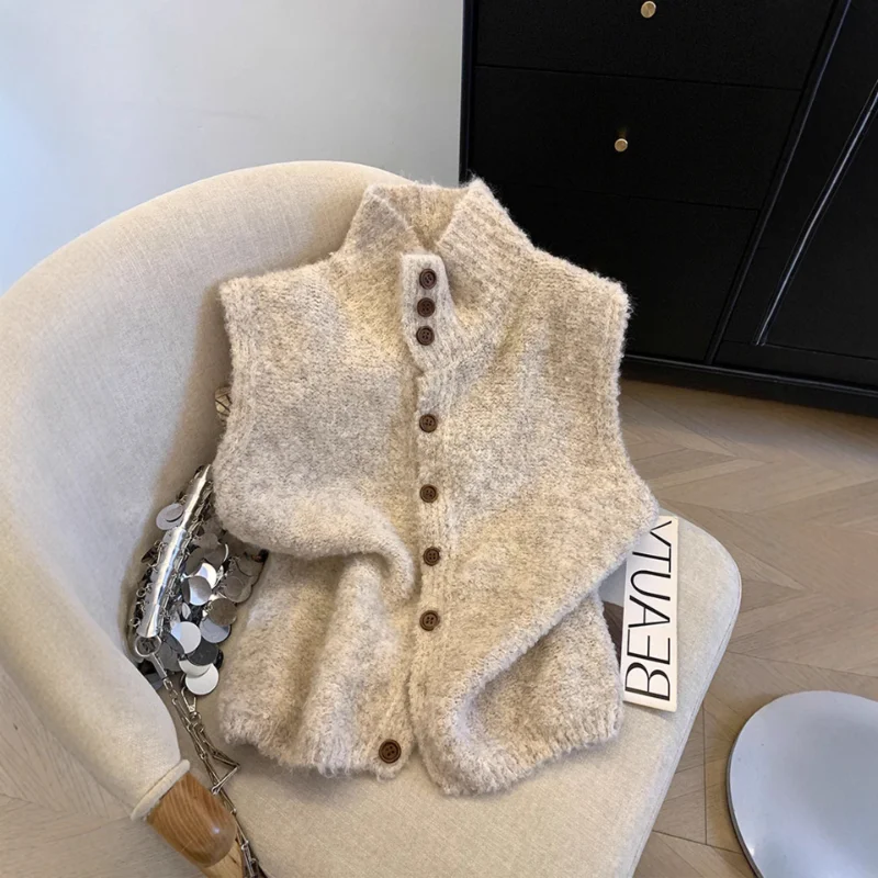 Soft Knitted Vest Cardigan Women Autumn Winter New Style Korean Version Loose Stand Collar Sleeveless Sweater Coat