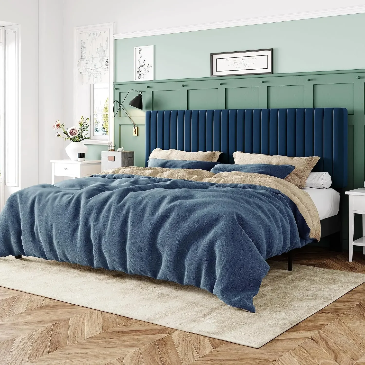 Allewie King Bed Frame, Velvet Upholstered Platform Bed with Adjustable Vertical Channel Tufted Headboard, Mattress Foundation w