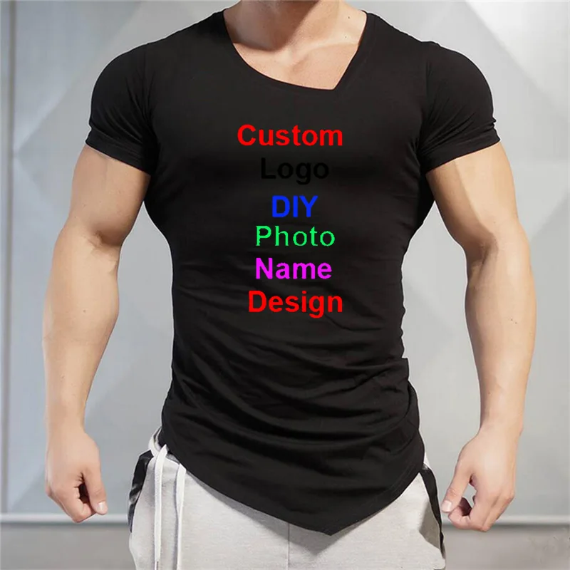 Customized DIY Brand Logo T-Shirt Mens Gym Clothing V-neck Short Sleeve Slim Fit T Shirt Ftiness Men compression Tshirt homme