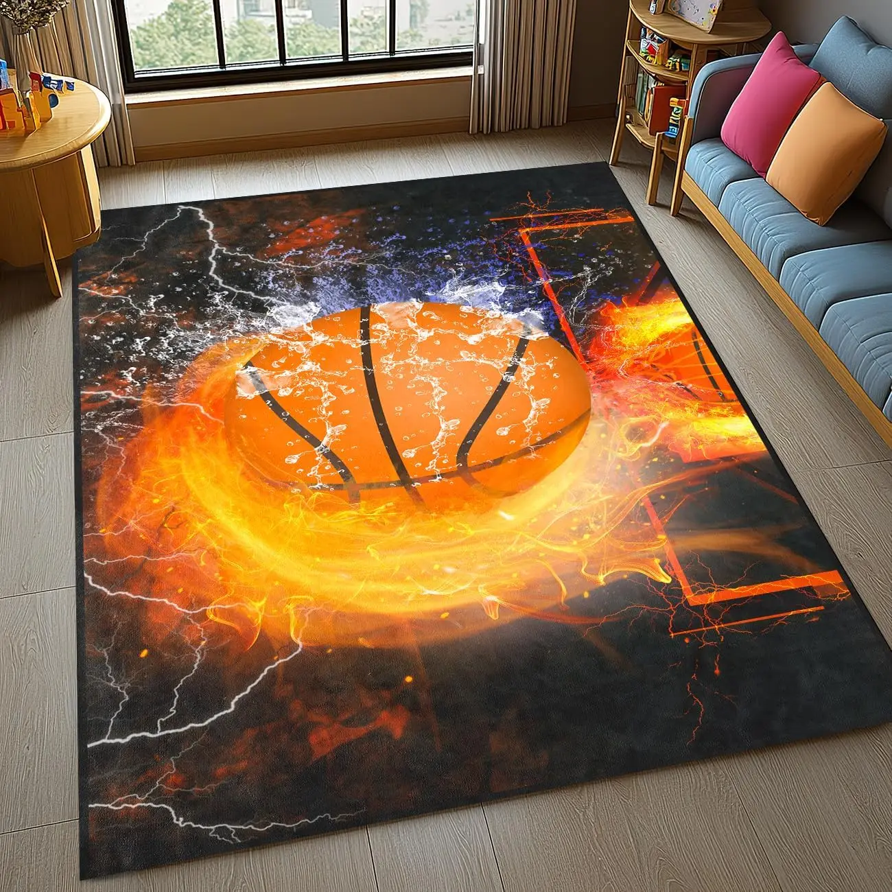 Dynamic Basketball Flame Lightning Rug Orange Ball on Dark Background Sports Fan Decor