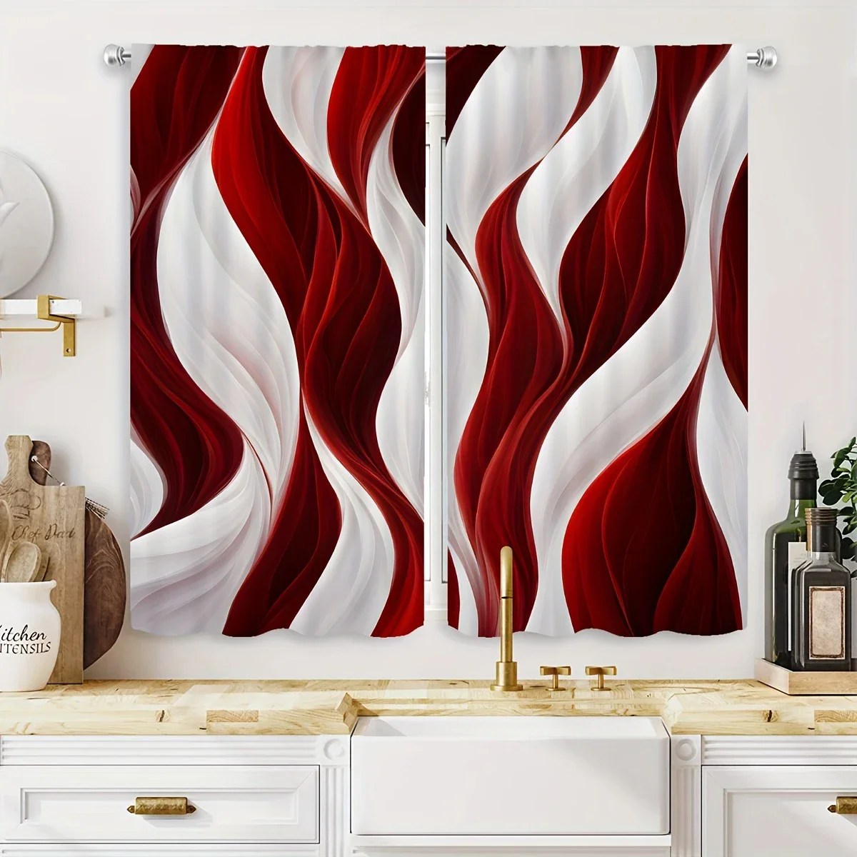 Elegant red and white abstract wave-printed curtains, pole bag curtains, home decoration, room decoration