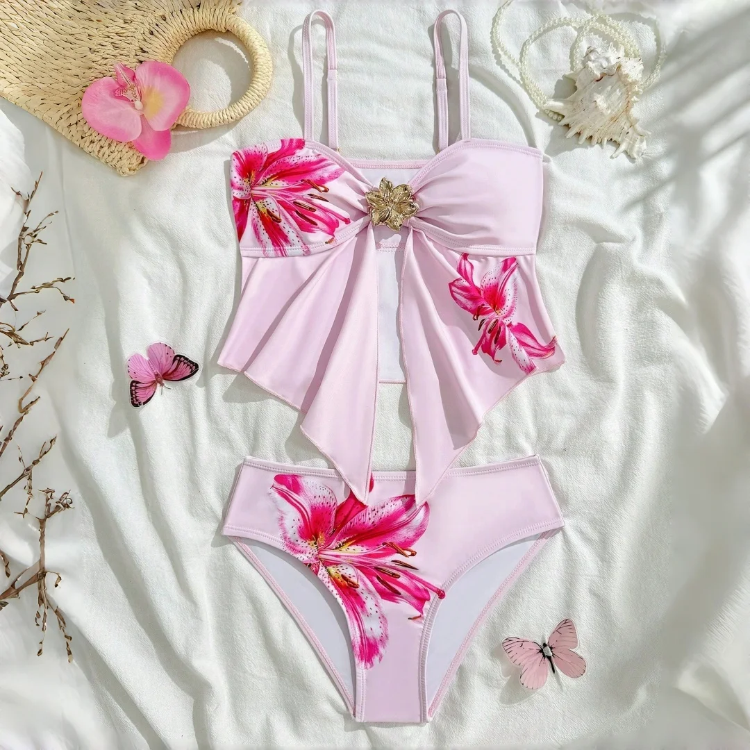 

Купальники для девочек среднего/большого размера, комплект танкини с регулируемыми тонкими бретелями, бикини из двух частей с цветочным принтом, купальник для девочек от 7 до 16 лет