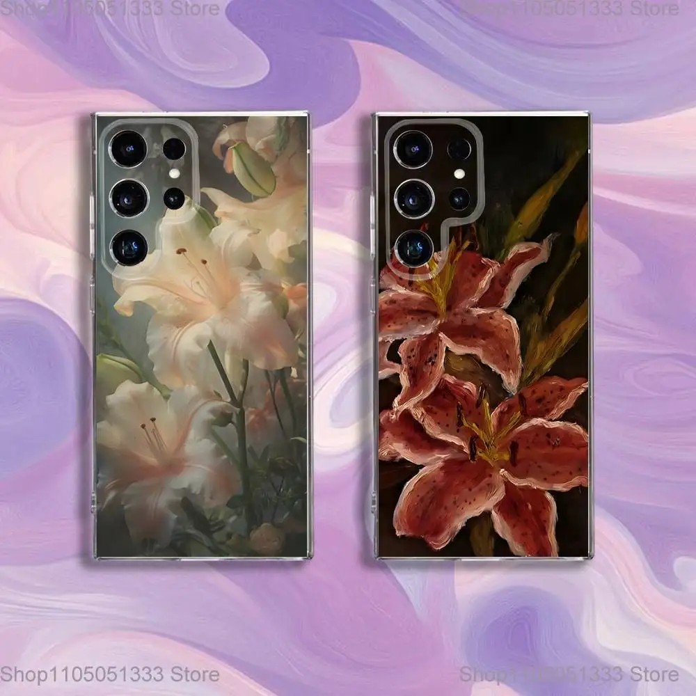 

Oil Painting Lily Flower Retro Pattern Phone Case For Samsung S24,30,21,22,23,20 FE,lite,PIus,Ultra,5G,Note,9 Transparent Cover