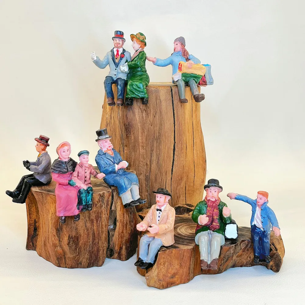 Victorian Resin Sitting Mini Figures Hand Painted Passenger Figurines for Christmas Village Train Layout Diorama Decor