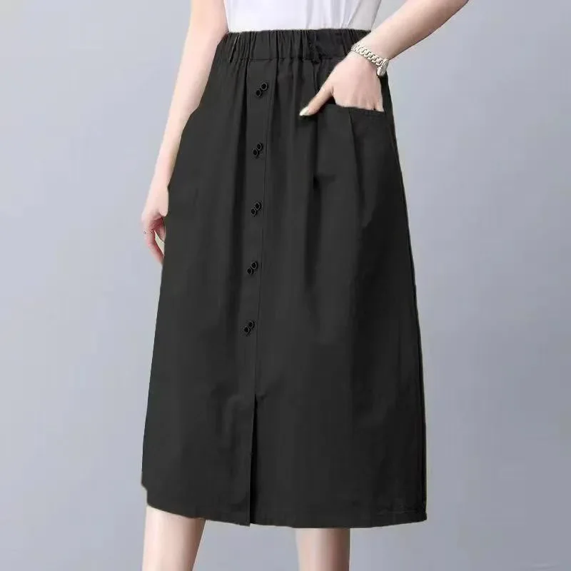 High-waisted 2025 Temperament New Fashion Casual Elastic Mid-length Slim Versatile Pocket Skirt