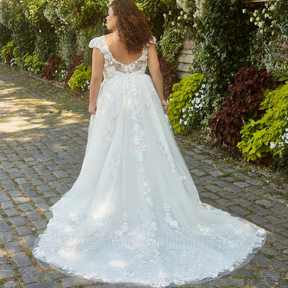 Squisito abito da sposa con Applique in pizzo con maniche a berretto classico scollo a v a-line lunghezza del pavimento Tulle aperto sul retro abiti da sposa formali