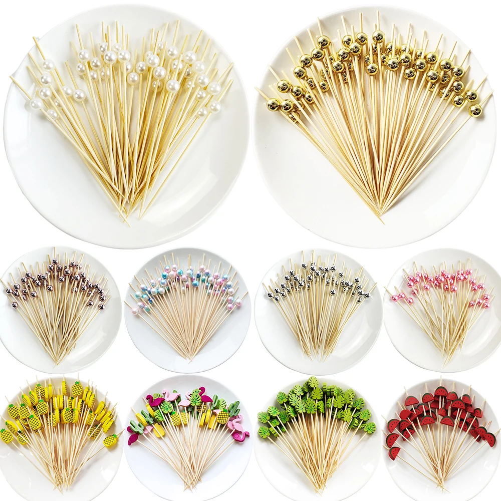 50Pcs Wedding Pearl Disposable Bamboo Skewers Fruit Cocktail Sticks Food Buffet Snack Picks Forks Wedding Supplies Birthday