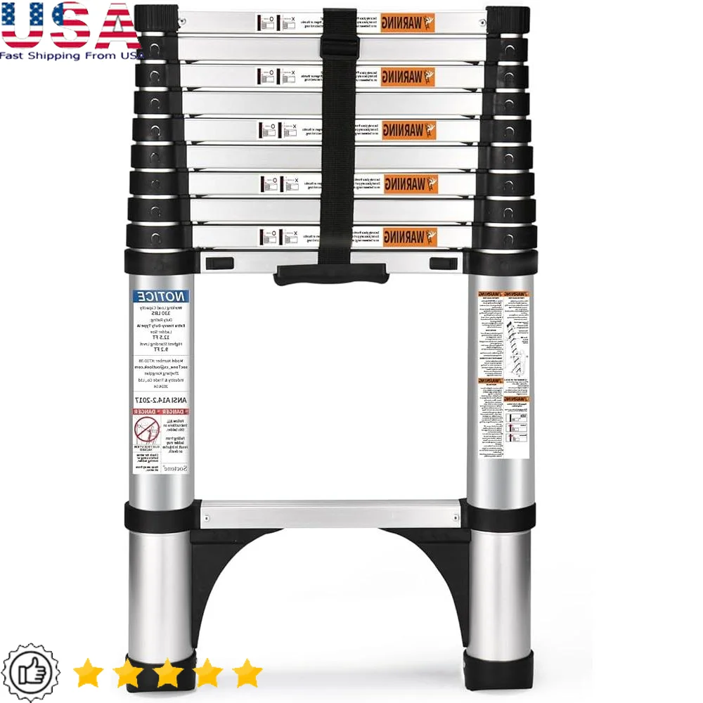 Telescoping Aluminum Ladder 10.5FT Button Retraction Extension Ladder with Triangle Stabilizers Multi-Purpose Folding Ladder