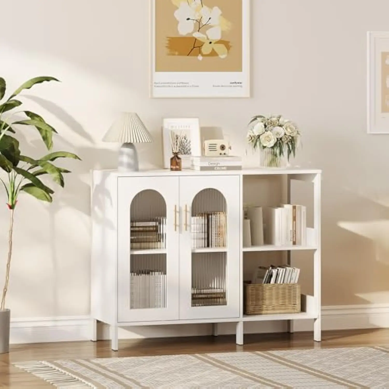 

Buffet Sideboard Cabinet, Wooden Buffet Storage Cabinet with Adjustable Shelves, Storage Sideboard with Glass Doorss and Two Me