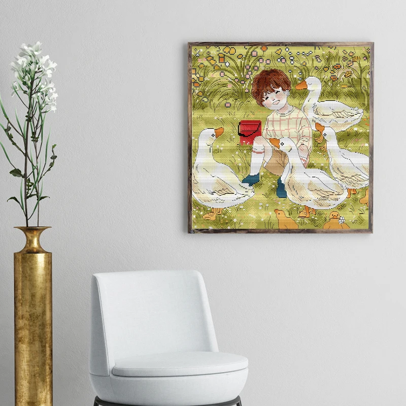 Joy Sunday Little Boy And Goose Counted Cross Stitch Kits DIY DMC Handmade 11CT 14CT Stamped Embroidery Needlework Home Decor