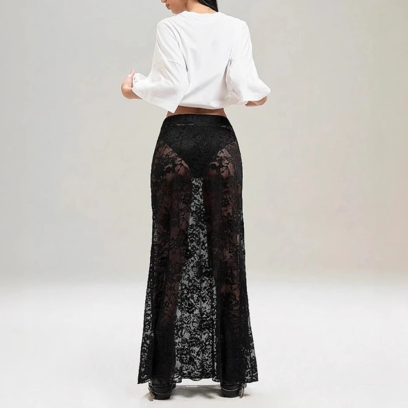 Summer New Black Lace Long Skirts Women Sexy See-Through Slim Fit Y2k Sheer Maxi Skirts Beach Cover Up Long Skirt