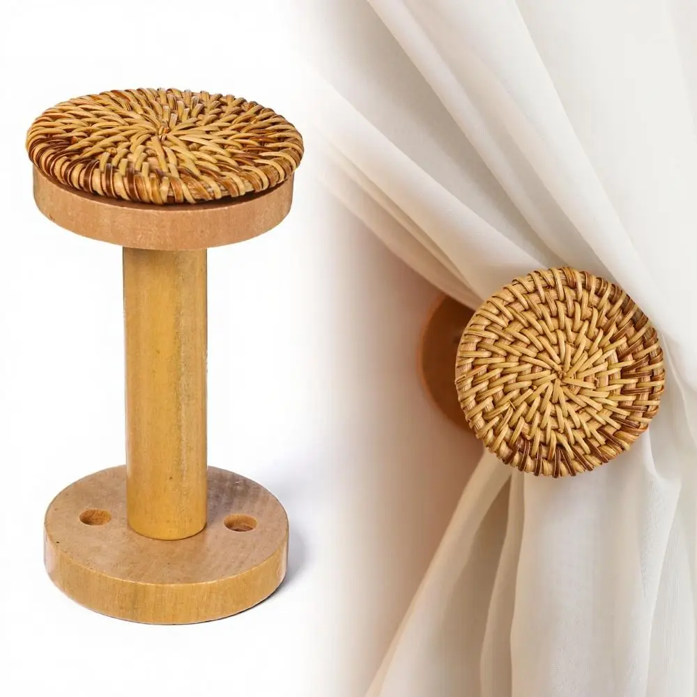 2 Pack Simple Wall Mounted Curtain Tiebacks Wooden Bohemia Curtain Holdback Modern Round Shape Wall Hooks for Bedroom Window