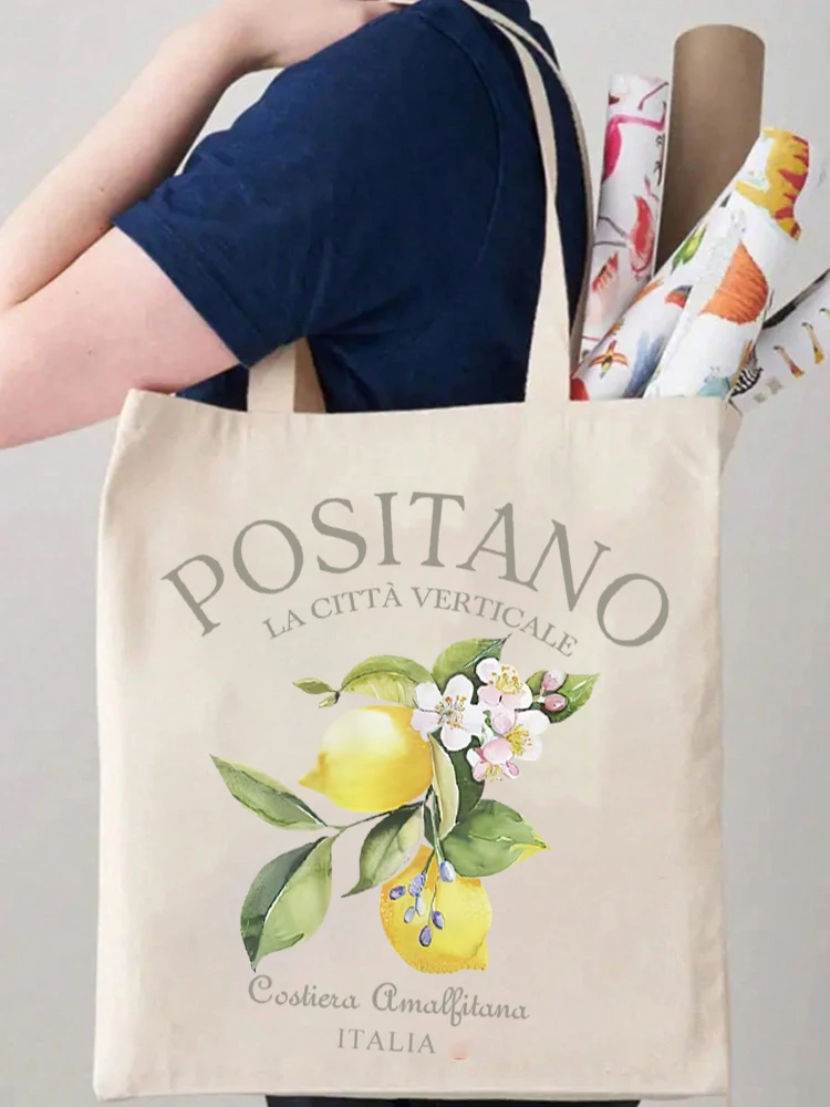 1pc Positano Lemon Flowers Leaves Women Shopper Bags Tote Canvas Plant Travel Shoulder Handbag Shopping Bag