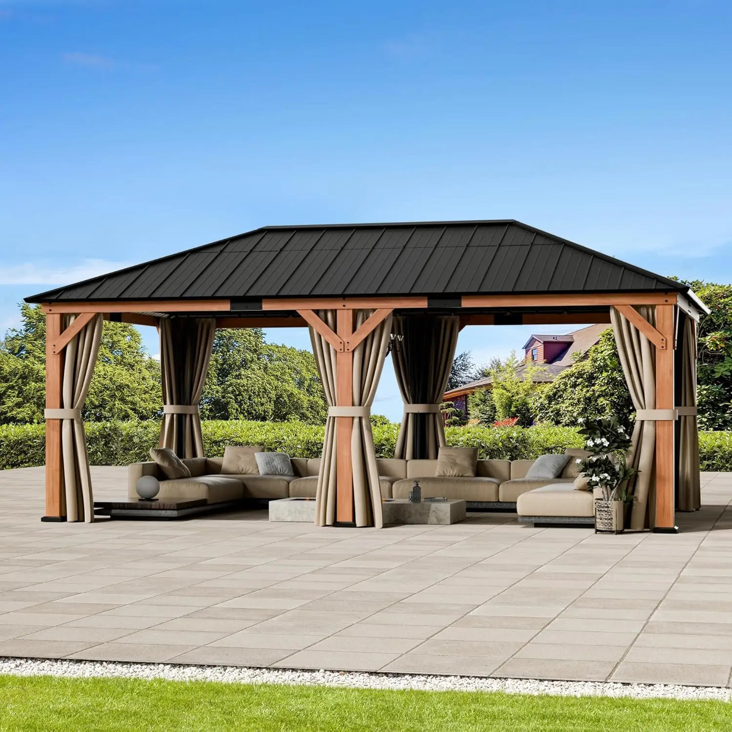 

Современная беседка из дерева Tranquil Grove 12' x 20', беседка-гриль с крышей из оцинкованной стали, москитной сеткой и шторами, Perma
