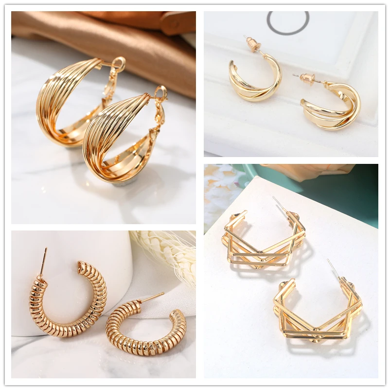 Rock Hiphop Metal C-Shaped Pendant Earrings for Woman Simple Round Heart Star Wave Loop Earrings Jewelry Valentine's Day Gift