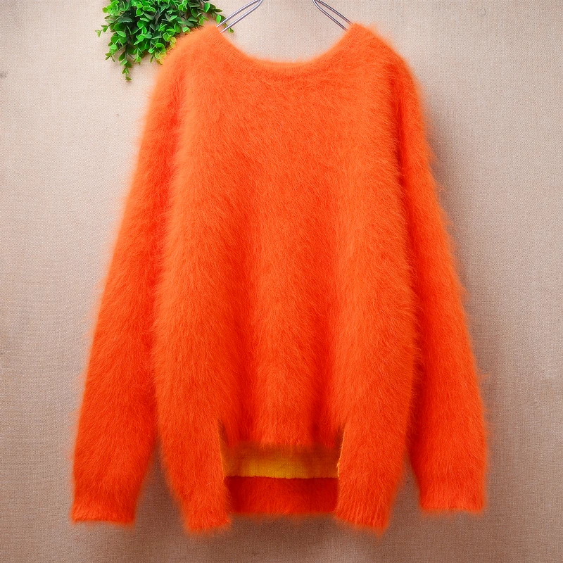 Women Mujer Autumn Winter Clothing Orange Hairy Mink Cashmere Knitted O-Neck Long Sleeves Loose Pullover Angora Sweater Jumper