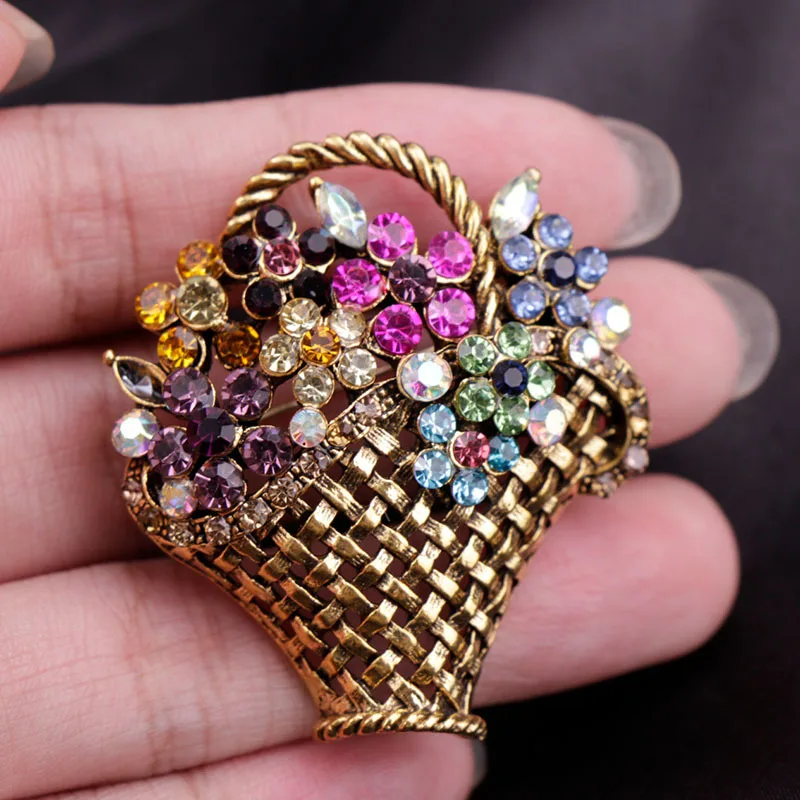 Radiant rhinestone flower basket brooch - Men's timeless retro style - Rich and colorful crystal jewelry