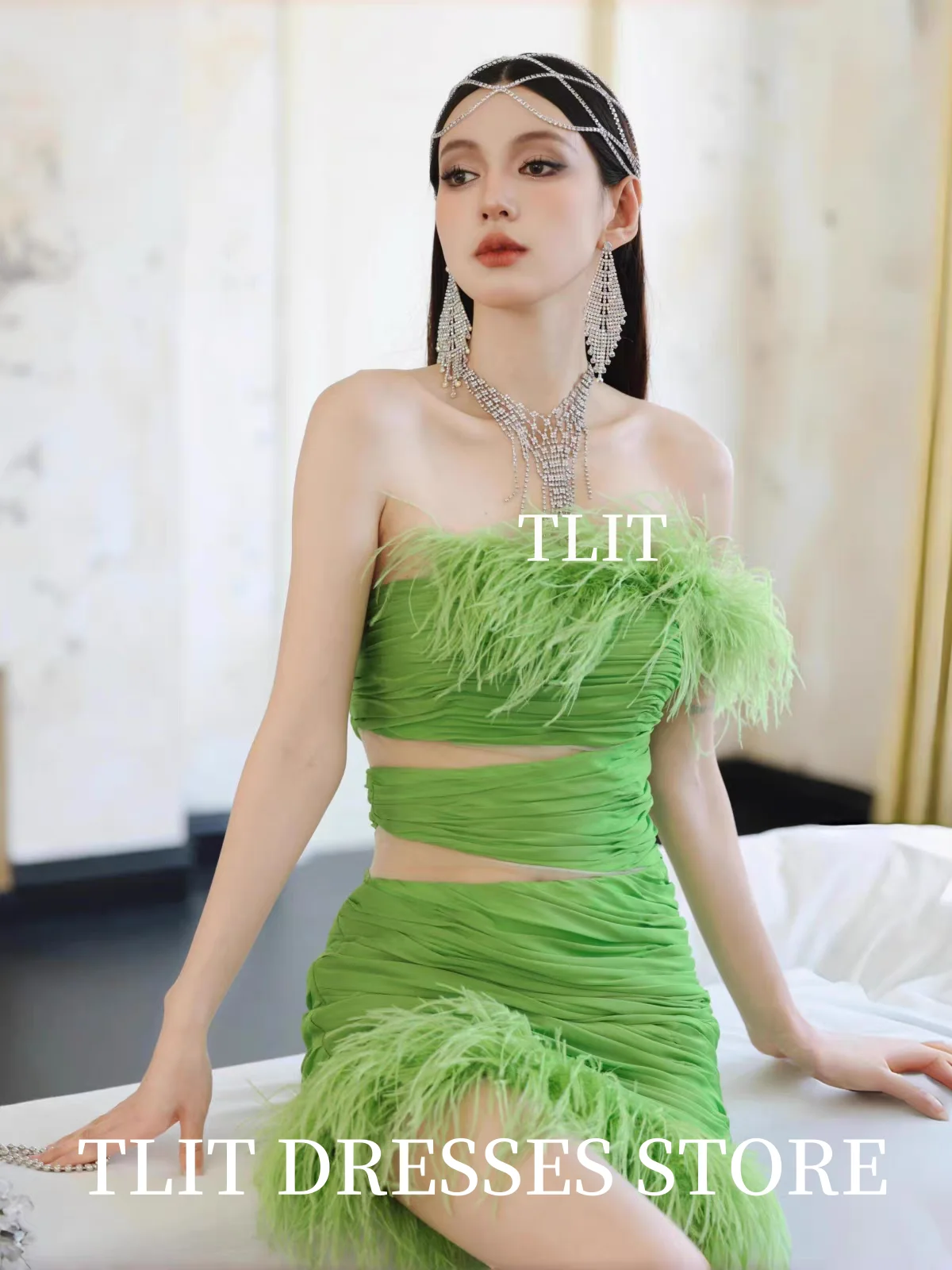 Tlit elegante grama verde sereia vestido de noite coreia vestido de casamento sessão de fotos sem alças penas vestidos de baile personalizados
