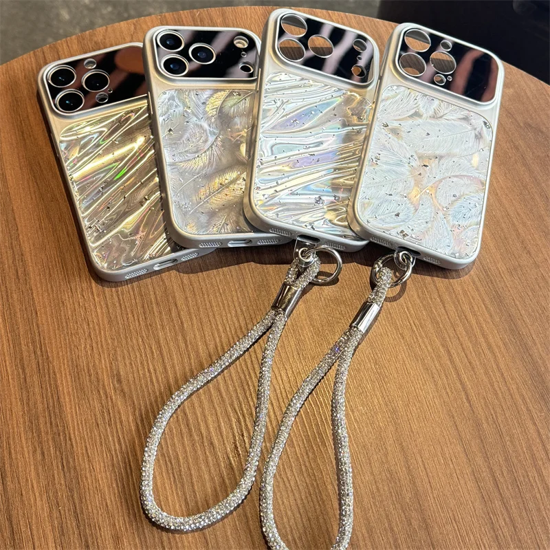 

Модный чехол для телефона с волнистым перьями для iPhone 17 Pro 16 15 14 Pro Max, чехол с ремешком на руку, противоударный милый защитный чехол