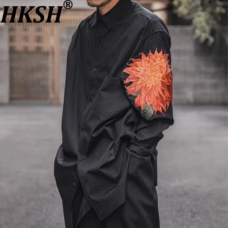 HKSH Spring Autumn Men Tide Dark Niche Embroidered Daffodil Floral Long-sleeve Shirt Women Japanese Chic Ins High Street HK27419