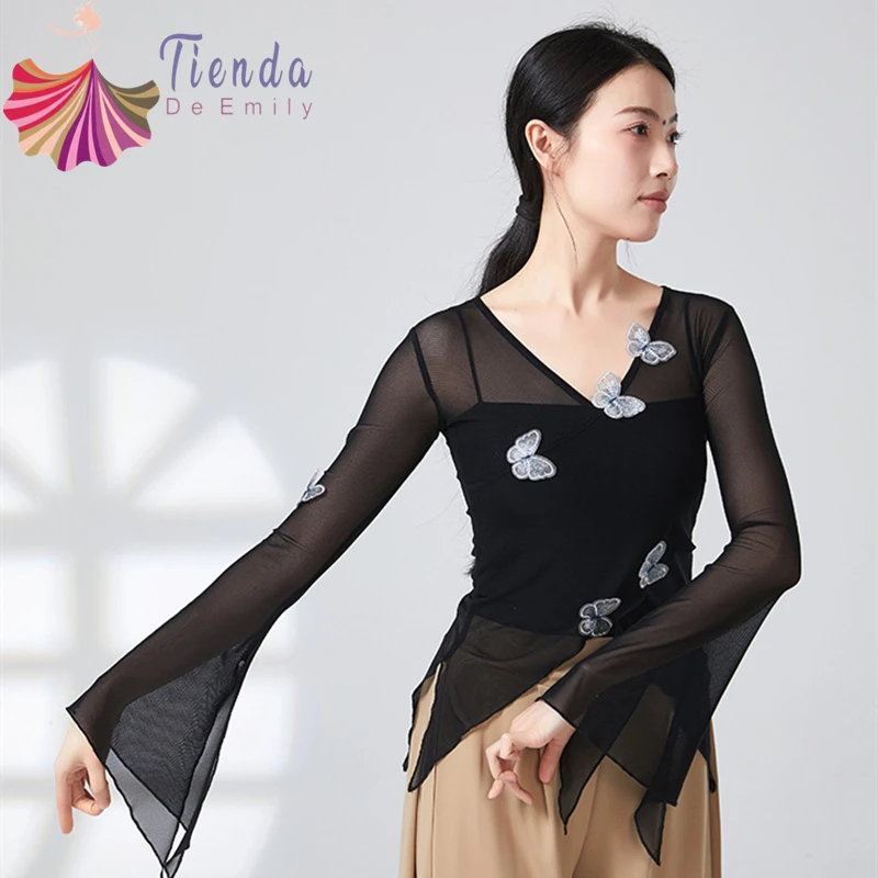 

Women Classical Dance Top Butterfly Embroidery Sheer Shirt Outfit Flared Sleeve Crossover V-Neck Mesh Blouse Performance Costume