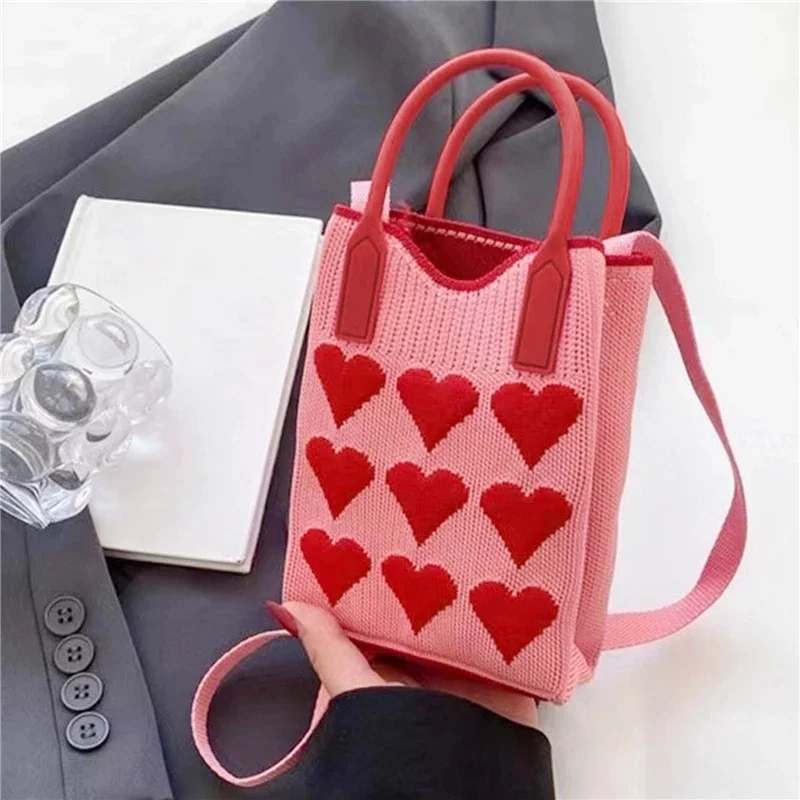 Fashion Heart Knitted Mini Square Handbag For Women Small Mobile Phone Shoulder Bags Girls Outdoor Crossbody Bags