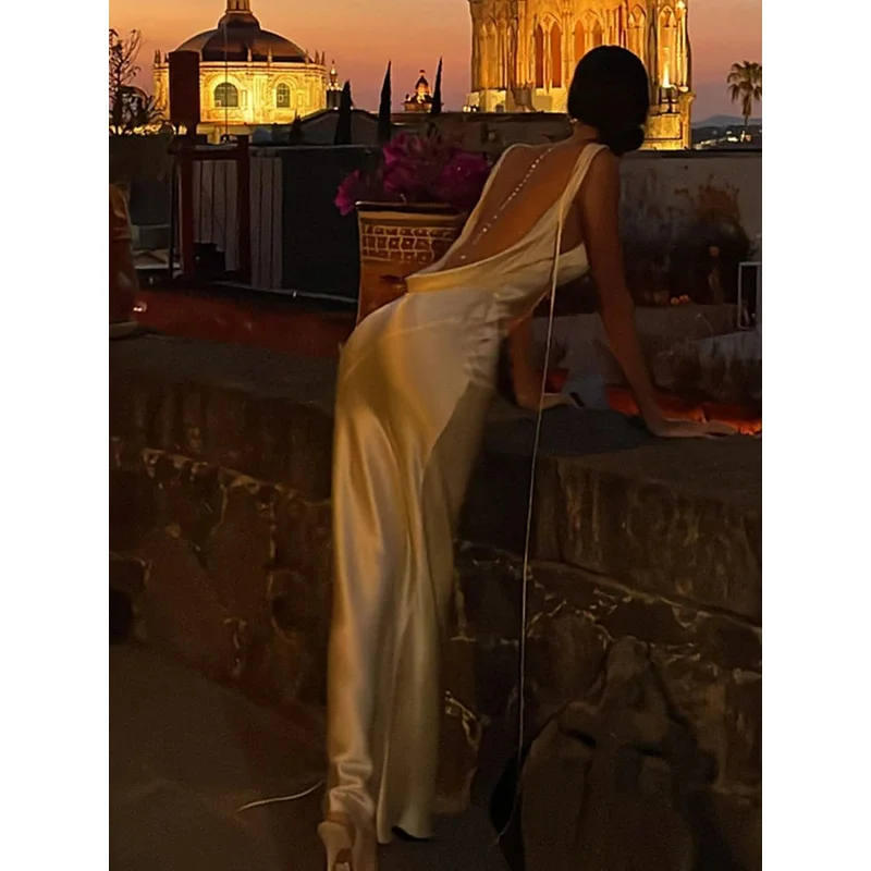 Bonny cinta de espaguete sexy sem costas cetim deslizamento maxi vestido para mulheres roupas de moda sem mangas vestidos longos roupas