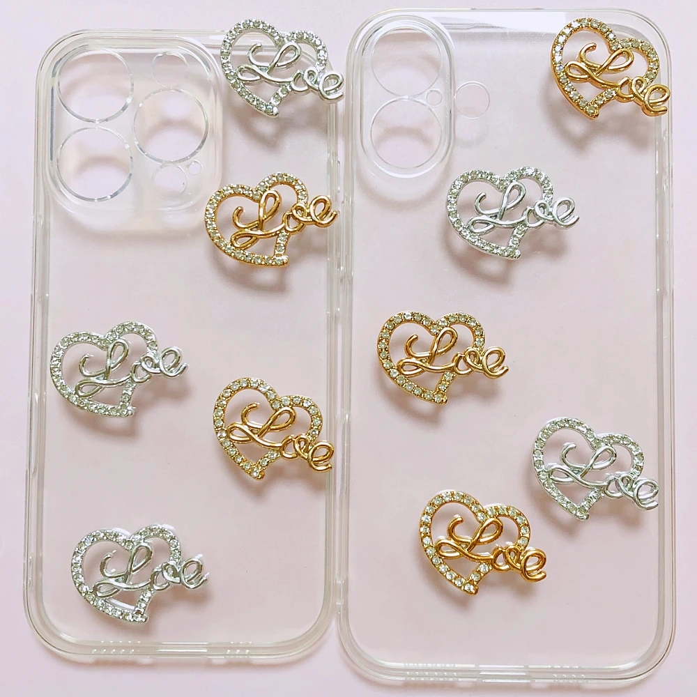 

10Pcs New Gorgeous Glitter Hollow Out Love Heart With Rhinestone Charms Crafts Supplies Junk Phone Case Computer Mirror Decor