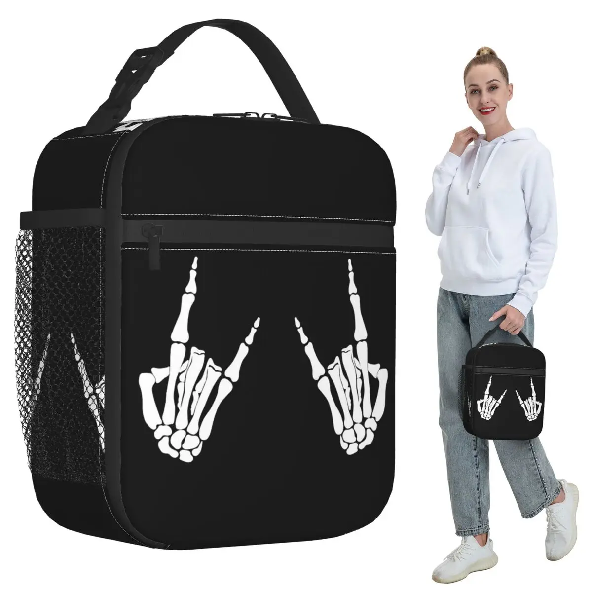 Skeleton Hands Gestures Print Insulated Lunch Bag for Women Office Cooler Thermal Food Box Tote Portable Lunch Boxes Container