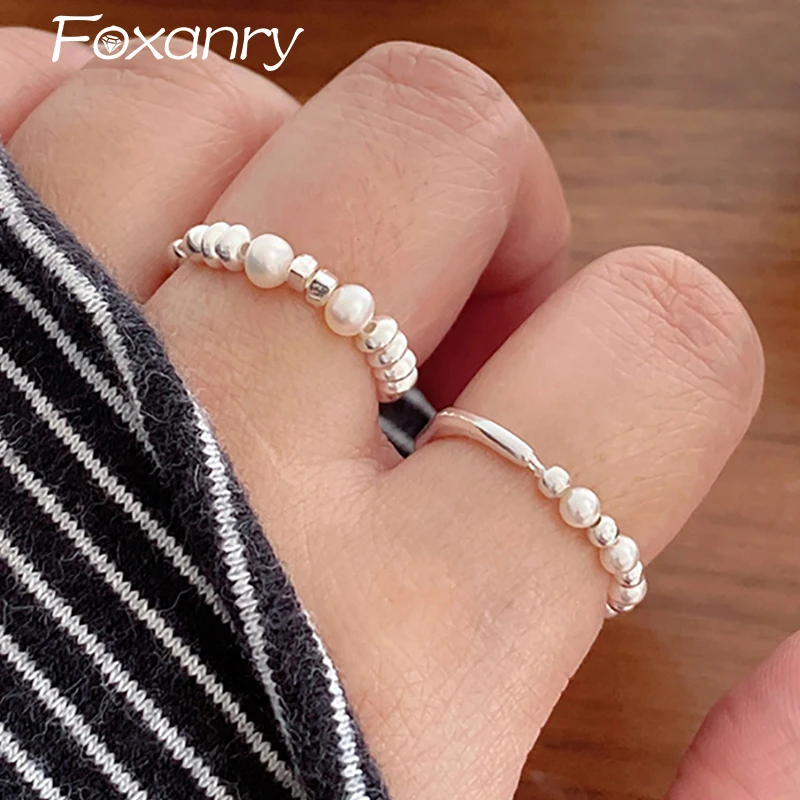 Foxanry Vintage Punk Silver Color Engagement Rings for Women Couples New Fashion Simple Pearl Irregular Geometric Party Jewelry