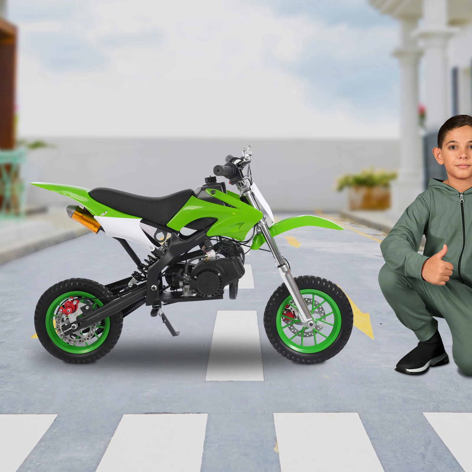 Green 49cc 8inch Kids Dirt motorcycle Fashionable 80kg Children's Dirt Bike Brakes Front and Rear Dirt Bike for Children