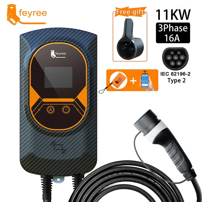 Feyree ev estação de carregamento 32a veículo elétrico carregador de carro evse wallbox montagem na parede 7.6/11/22kw typ2 cabo iec62196 controle