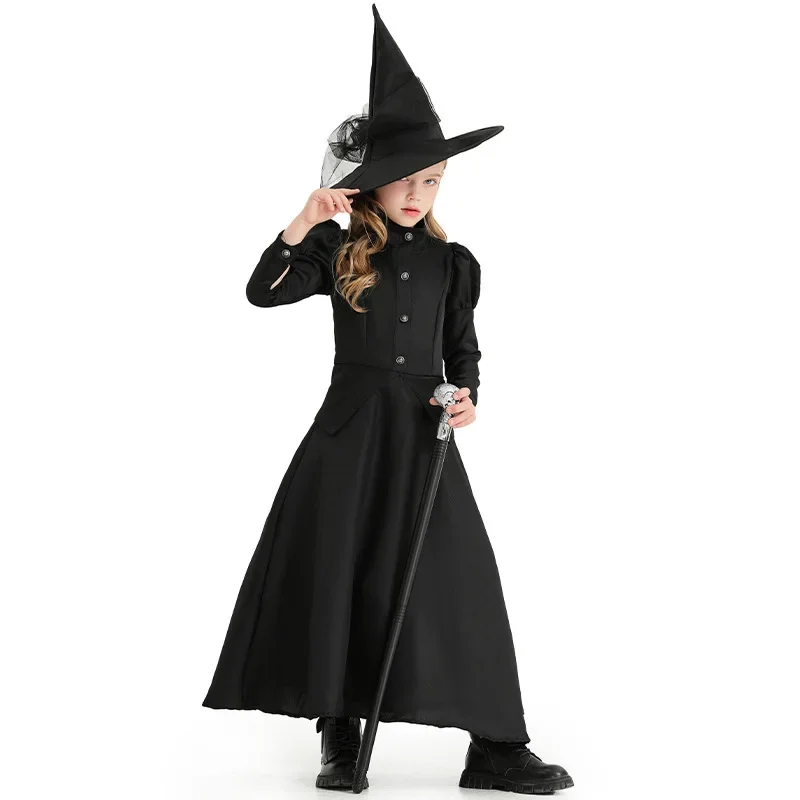 Halloween Kids Adult Wizard Deluxe Wicked Witch Costume Black Full Length Dress Mother Daughter Magician Witch Costume Black